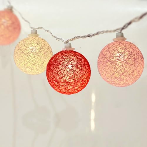 Red Pink and White Cotton Ball String Lights, 8.5Ft Valentine’s Day Decorative Fairy Lights Plug in with 10 Colorful Lantern, Hanging Cotton Globe Lights for Bedroom Wedding Party Home Birthday Decor by Goothy