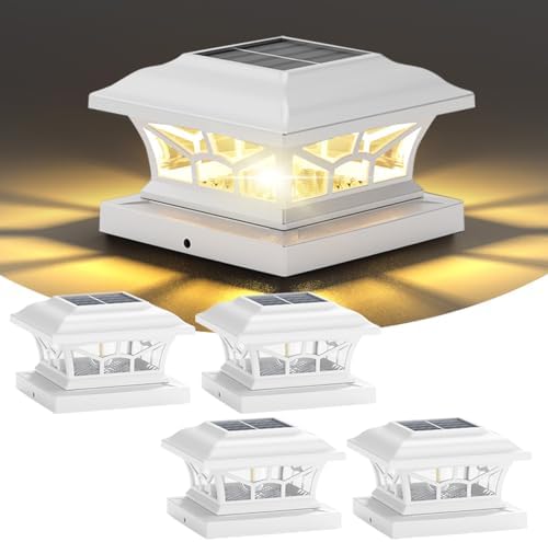 4 Pack Solar Post Cap Lights Outdoor Waterproof, Dual Light, White by DAMAYCA