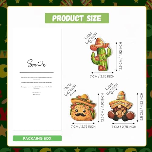 Smile Cinco De Mayo Wooden Tabletop Wooden Decor Set of 3 Mexican Fiesta Figurines (Gnome, Cactus, Taco) for Tiered Tray & Party Display - Image 2