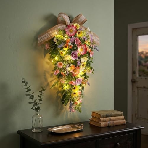 Eksen Spring Teardrop Swag for Front Door with LED Lights, Colorful Floral Swag Artificial Wildflower Greenery Door Decor with Burlap Bow, Farmhouse Spring Hanging Decoration for Porch Wall Window - Image 2