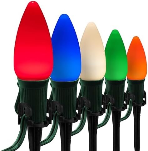 Wintergreen Lighting 100’ OptiCore LED Multicolor Smooth/Opaque Christmas Pathway Lights, C9 Outdoor Driveway Lights, 4.5” Stakes, Green Wire Plug String Lights by WintergreenLighting
