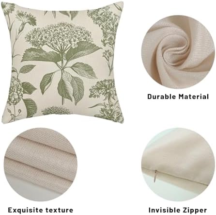 Sage Green Pillow Covers 22x22 Inch 2 Pcs Boho Vintage Floral Decor Throw Pillows Hydrangea Flower Seasonal Outdoor Farmhouse Neutral Accent Decoration Pillowcase Linen Cushion Cover for Sofa - Image 7