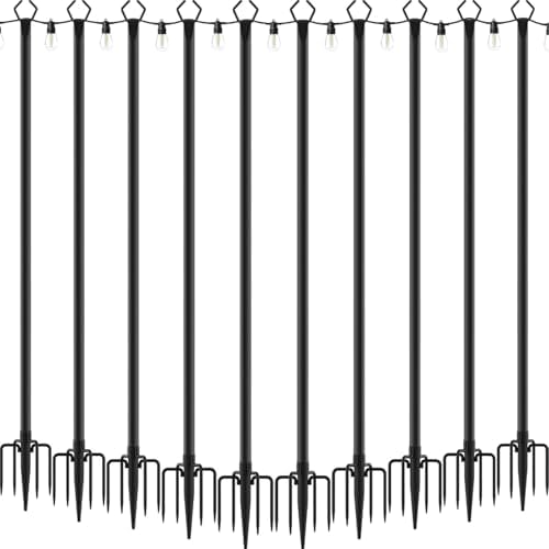10 Pack 10 ft Heavy Duty Metal String Light Poles Adjustable Outdoor Lighting Stand for Patio,Backyard,Garden,Party & Wedding Rustproof & Sturdy with Hooks by Aulimhti