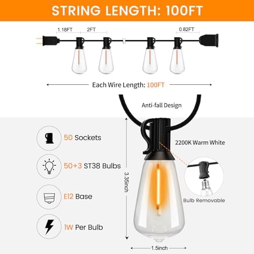 100FT ST38 Outdoor String Lights with 50 1W Plastic Shatterproof Bulbs - Image 2