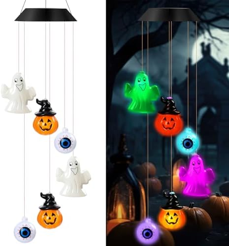GlikCeil Halloween Solar Wind Chimes 27.5Inch Halloween Decorations Outside Waterproof Hanging LED for Yard, Porch, Patio, Party, Color Changing Lights(Mixed) by GlikCeil