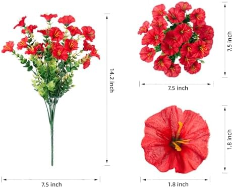 Artificial Flowers Fake Plants for Outdoors Decoration, 12 Bundles Red Silk Morning Glory with Eucalyptus Realistic UV Resistant Faux Flowers Greenery for Outside Planter Yard Garden Home Indoor Patio - Image 6
