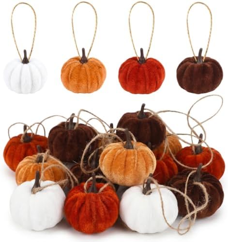 16Pcs Fall Tree Ornaments, 2 Inch Velvet Pumpkin Hanging Ornaments by DOTFOOT