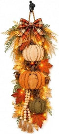 Rustic Wooden Pumpkin Door Hanging with Warm LED Lights, Rustic White Pumpkin Hanging Swag, Fall Decor Gift, Glowing Wreath, Farmhouse Porch Front Door Decoration Home(Orange with Light) by Unknown