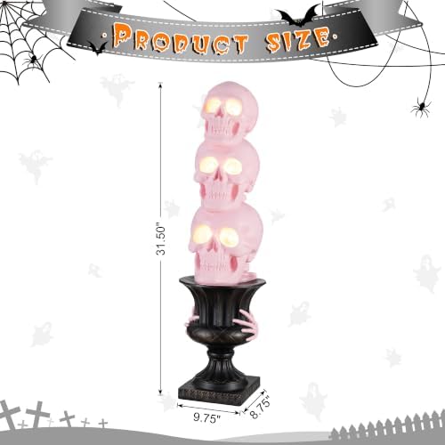 Glitzhome 31.50" H Halloween Lighted Stacked Skull Porch Decor,Pink MGO Skeleton Statue with Black Urn & Timer, Scary Halloween Decoration for Front Door Outdoor Indoor Yard Party - Image 4