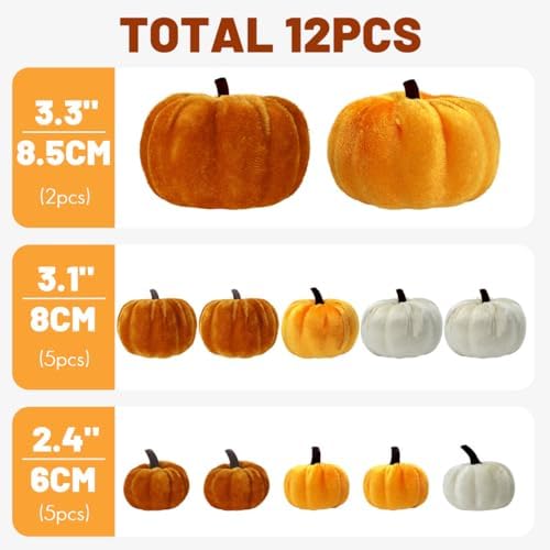 12 Assorted Velvet Pumpkins for Decorating, Fall & Thanksgiving Decor - Image 2