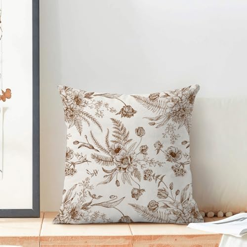 CXMEIFLY Spring Floral Leaves Pillow Covers 16 x 16 Inch Set of 2 for Chinoiserie Flowers Decor Throw Pillows Brown and White Seasonal Plant Outdoor Decorative Cushion Cases for Couch Bed Decorations - Image 3