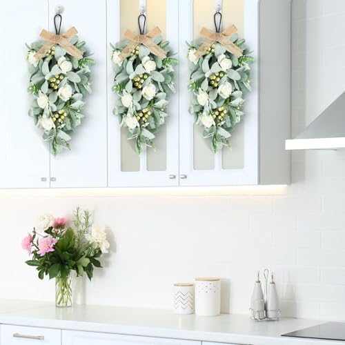 2 Pcs 24" Artificial White Rose Teardrop Wreaths Swag Spring Summer Flower Berries Swags Wreath White Floral Hanging Wreaths for Kitchen Cabinet Doors Window Wall Wedding Party Home Decor - Image 5