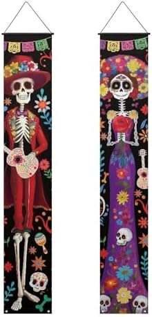2PCS Day of the Dead Porch Banner Skeleton Couple Hanging Banner Decorations 71 x 12 Inch Front Door Sign Outdoor Decor for Halloween Mexican Festival Party Display by WelcometoLuarisgur