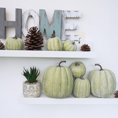 Winlyn 7 Pcs Assorted Sizes Artificial Green Pumpkins Decorative Green Whitewashed Faux Foam Pumpkins for Halloween Thanksgiving Farmhouse Fall Autumn Harvest Home Mantel Table Centerpiece - Image 6
