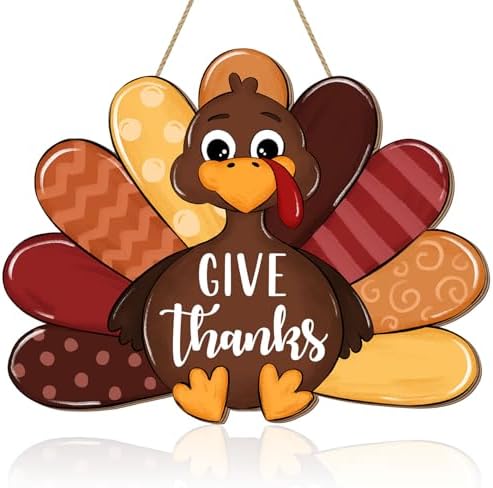 Give Thanks Turkey Door Sign Thanksgiving Decorations, Cute Turkey Welcome Wooden Hanging Sign, Wood Autumn Fall Harvest Thankful Wall Plaque Wreath Hanger Decor for Home Yard Porch Brown by CIOEY
