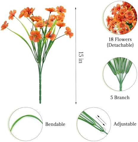 16 Bundles Artificial Mums Flowers for Outdorors, UV Protected No Fade Fall Flower for Porch Display Patio Garden Decor Autumn Thankgiving Halloween Decorations (Orange) - Image 2