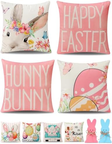multiwins 8-Sided Easter Pillow Covers Set of 4 with 2 Wooden Bunny Decorations, 18 x 18 Inch Reversible Decor with Bunny, Floral Eggs & “He is Risen” Prints for Indoor/Outdoor, Spring Holiday Decor by multiwins