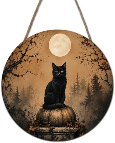 Halloween Gothic Cat Round Door Sign, 10 Inch Wooden Hanging Plaque with Rope, Rustic Retro Wall Decor for Home Porch Entryway Halloween Party Decoration - A06 by Yhtmbf