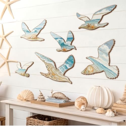 CroBlissful 6 Pcs Summer Seagull Wall Decor Seagull Beach Wooden Wall Art - Image 5