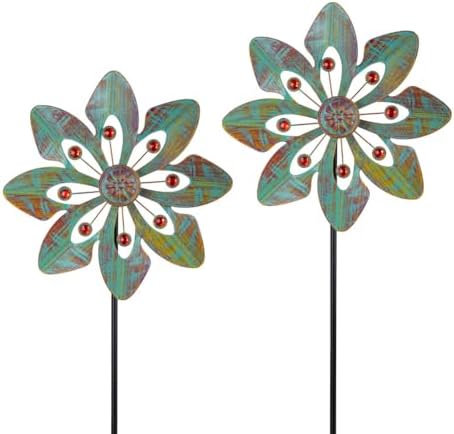 VEWOGARDEN 2 Pack Wind Spinners Outdoor, Metal Wind Spinner with Flower Design for Yard Garden Lawn Decorations, Copper Green by VEWOGARDEN