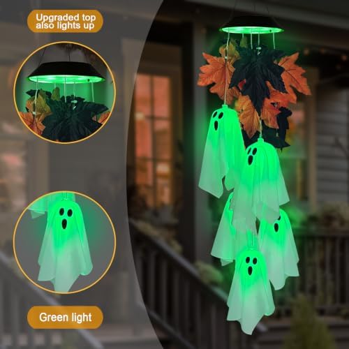 Halloween Solar Wind Chimes,Spooky Ghost Maple Leaves Hanging Mobile Lights - Image 5