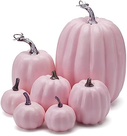 Lizxun 7Pcs Artificial Pumpkins Halloween Decoration, Lifelike Simulation Mixed Harvest Fall Foam Pumpkins for Halloween Thanksgiving Home Party Supplies (Light Pink-7Pcs) - Image 5