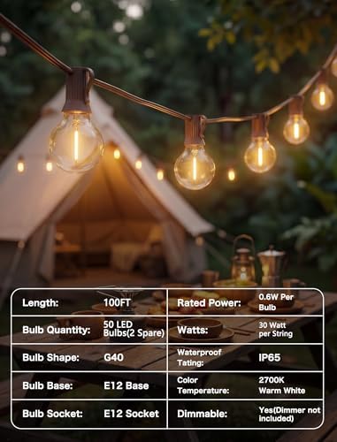 SUNSGNE 100FT Brown Outdoor String Lights, Shatterproof LED Globe String Lights with 50 G40 LED Bulbs, Waterproof Connectable Hanging Light for Backyard Patio Porch Balcony Party Decor, E12 Base - Image 5