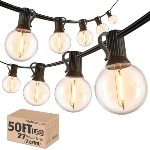 Outdoor String Lights 50FT G40 LED Globe Bulbs - Shatterproof, Connectable, Waterproof - 27 Bulbs (2 Extra), 25 E12 Hanging Lights for Patio, Bistro, Pergola, Gazebo by Meidaoduo