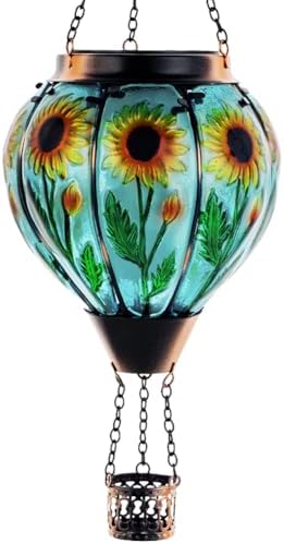 Starsoul Sunflower Hot Air Balloon Solar Lantern Glass Outdoor Hot Air Balloon Solar Flickering Flame Light Hanging Solar Lanterns Outdoor Waterproof Garden Patio Yard Party Decor by Starsoul