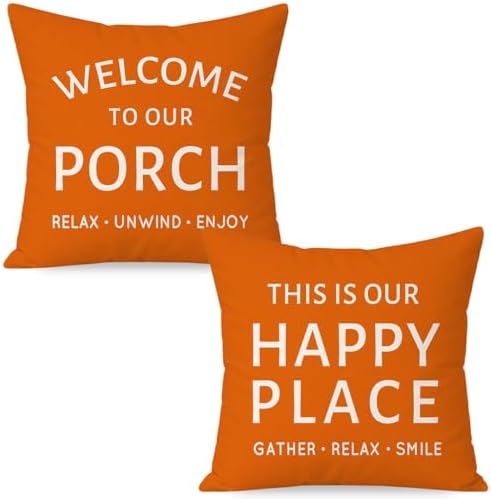 Outdoor Farmhouse Decorative Throw Pillow Covers 20x20 Inch Set of 2 Welcome to Our Porch This is Our Happy Place Orange Cushion Case Spring Fall Decoration for Patio Furniture Couch Decor by HERHOME