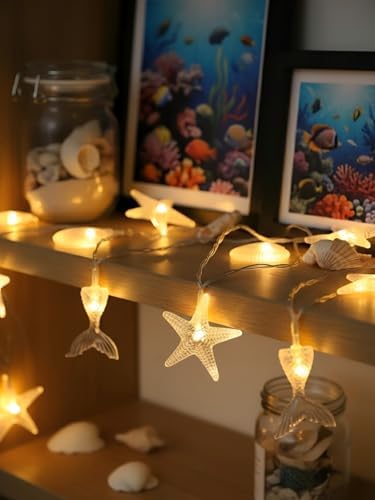 30 LED Mermaid Fairy Lights with Starfish & Seashells, Battery Operated Waterproof Decorative String Lights for Bedroom, Party, Wedding, Garden, Mermaid Theme Decor (Warm White) - Image 2