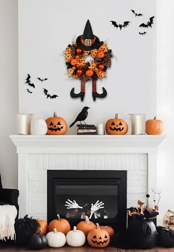 Halloween Wreath for Front Door 16" Tinsel Black Witch Wreath with Hat Legs and Orange Pumpkin for Fall Autumn Indoor Window Door Thanksgiving Halloween Decorations - Image 6