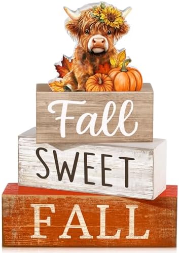 Moucuny 4 Pcs Fall Wooden Block Signs, Highland Cow Tiered Tray Farmhouse by Moucuny