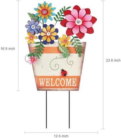 hogardeck Garden Decor for Outside, Metal Flower Pot Decorative Garden Stakes with Flowers for Spring Decor, Yard Art Welcome Sign for Outdoor Garden Lawn Backyard Porch Patio Decorations - Image 2
