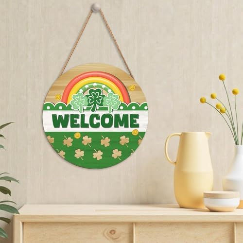 Happy St. Patrick's Day Rainbow Wooden Hanging Sign 12x12 Inch St. Patricks Day Welcome Shamrock Wreath Sign for Front Door Decor,Irish Spring Farmhouse Wood Wreath Indoor Wall Hanging Decoration - Image 5