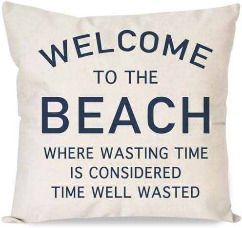 PANDICORN 18x18 Inch Throw Pillow Cover, Welcome to the Beach, Natural by PANDICORN