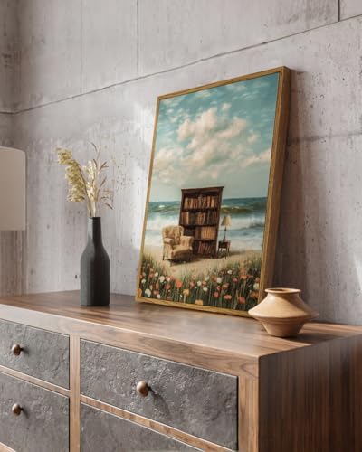 Vintage Framed Coastal Wall Art 12x16 Bookshelf Armchair Ocean View Canvas Print, Library by the Sea Dreamy Reading Nook Wildflower Artwork, Back to School Study Classroom Office Den Decor - Image 5