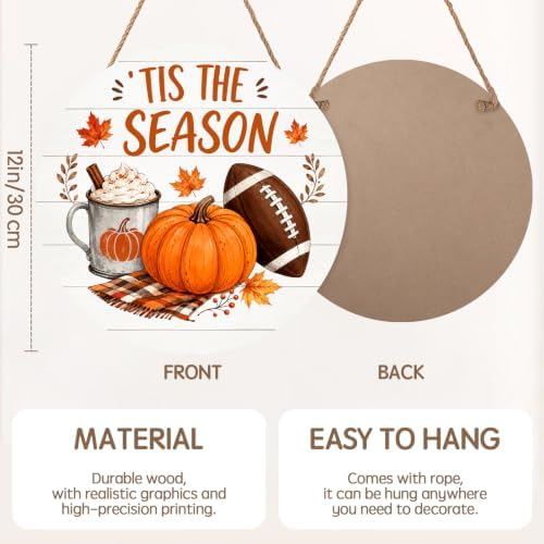 Fall Sign for Front Door Decor Autumn Harvest Thanksgiving Pumpkin Football Round Outdoor Hanging Wooden Door Sign for Porch Seasonal Home Wreath Hanger Sign for Outside Indoor Wall Decorations 12"X12" - Image 2