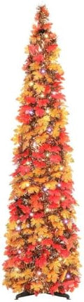 N&T NIETING Fall Tree Home Decor, 5FT Pop Up Tree with Lights & Timer & 8 Modes, Collapsible Tinsel Pencil Tree for Autumn Harvest Porch Thanksgiving Party Decorations, Fall Maple Leaves by NTNIETING