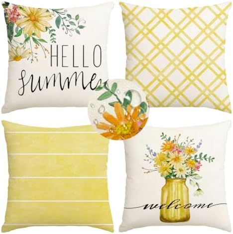RABUSOFA Daisy Floral Vase Hello Summer Pillow Covers Set of 4,Seasonal Yellow Striped Outdoor Decorative Cushion Case Summer Decorations for Home Decor 20x20 Inch by RABUSOFA