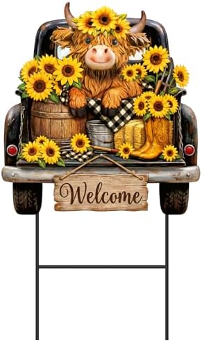 Amyhill Sunflower Highland Cow Metal Garden Stakes Sunflowers Summer Outdoor Yard Decorations with Stakes Rustic Farmhouse Decor Sign for Home Lawn Porch Backyard Holiday Decor by Amyhill