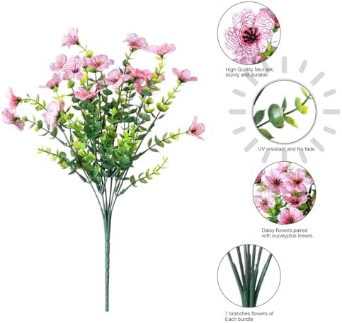 Daisy Artificial Flowers for Outdoors Decor, 12 Bundles Faux Daisy with Eucalyptus Fake Plants Greenery UV Resistant Look Real Colorful Faux Flowers for Outside Planter Porch Patio Yard Gardens, Pink - Image 5