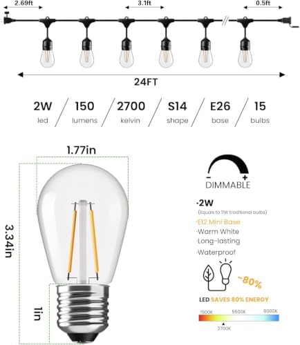 Svater 24 FT Outdoor String Lights LED 2W S14 Commercial Grade Waterproof - Image 2
