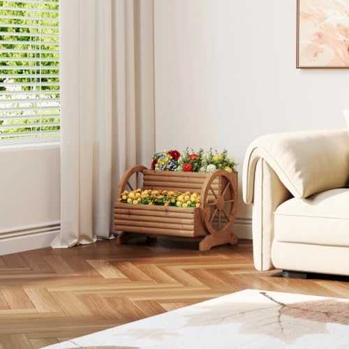 Wooden Wagon Planter with Wheels, Brown, Large - Image 2