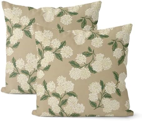 Beige Spring Pillow Covers 24x24 Inch 2 Pcs Khaki Green Hydrangea Flower Decor Throw Pillows Vintage Floral Seasonal Summer Outdoor Decoration Pillowcase Linen Cushion Cover for Couch Sofa by DAFENA