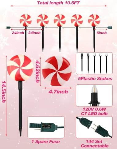 10.5FT Christmas Pathway Lights, 5PK LED Candy Cane Yard Stake Lights - Image 2