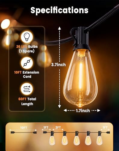 Outdoor String Lights 60FT(50+10) Waterproof, 25 LED S14 Shatterproof Edison Bulbs, 2FT Spacing, Extension Cord, Connectable Plug in Hanging Patio Lights for Outside, Backyard, Warm White - Image 7