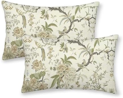 CXMEIFLY Spring Floral Birds Pillow Covers 12 x 20 Inch Set of 2 for Chinoiserie Flowers Decor Throw Pillows Sage Green Plant Outdoor Decorative Cushion Cases for Couch Bed Decorations by CXMEIFLY