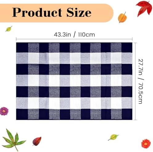 Buffalo Plaid Rug 28 x 43 Inches Fall Outdoor Front Door Decor Mat, Cotton Washable Hand-Woven Rug for Layered Doormat, Autumn Halloween Thanksgiving Carpet for Porch (Navy Blue and White Plaid) - Image 2