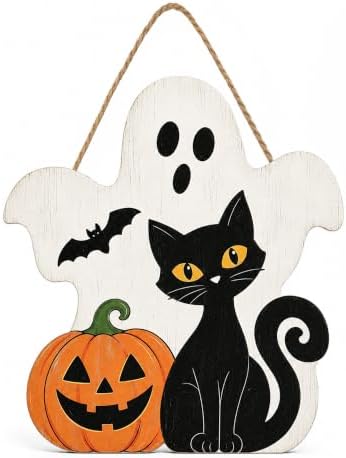 Halloween Decoration Wooden Sign, Ghost Halloween Front Door Hanger, Spooky Wooden Pumpkin Black Cat Sign for Indoor Outdoor Yard, Сute Ghost Home Decorations Signs by Unknown